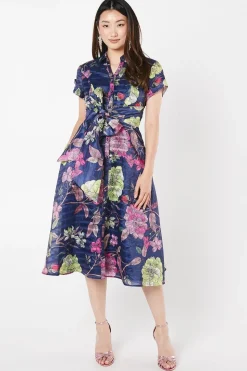 Organza Short Sleeve Printed Tie Waist Shirt Dress