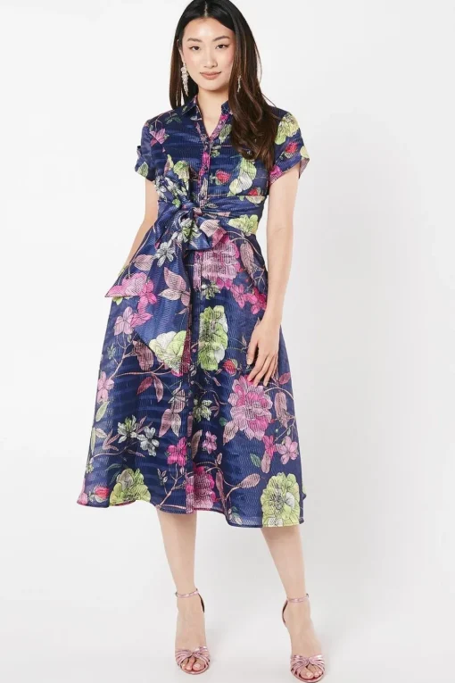 Organza Short Sleeve Printed Tie Waist Shirt Dress