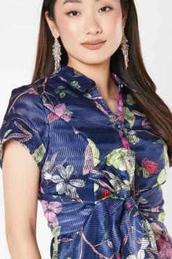 Organza Short Sleeve Printed Tie Waist Shirt Dress