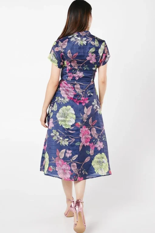 Organza Short Sleeve Printed Tie Waist Shirt Dress