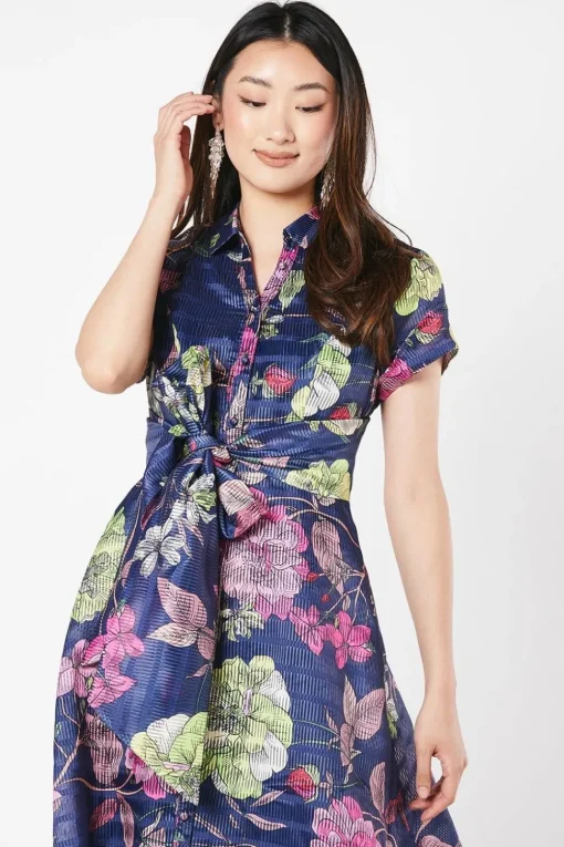 Organza Short Sleeve Printed Tie Waist Shirt Dress