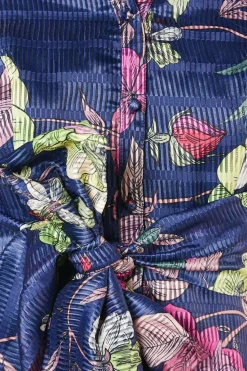 Organza Short Sleeve Printed Tie Waist Shirt Dress