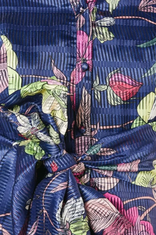 Organza Short Sleeve Printed Tie Waist Shirt Dress
