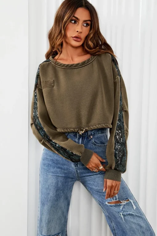 Oversized Sequin Detail Cropped Sweatshirt In Khaki