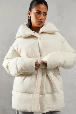Padded Collar Tie Belt Puffer Coat