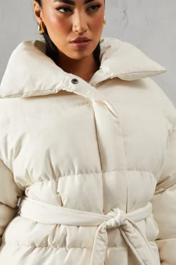 Padded Collar Tie Belt Puffer Coat