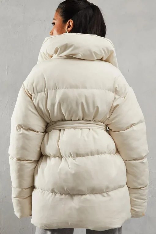 Padded Collar Tie Belt Puffer Coat