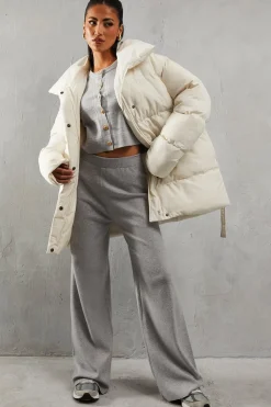 Padded Collar Tie Belt Puffer Coat
