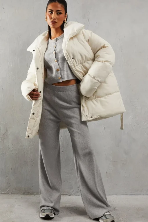 Padded Collar Tie Belt Puffer Coat