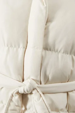 Padded Collar Tie Belt Puffer Coat