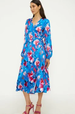 Painted Abstract Satin Wrap Midi Dress
