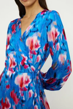 Painted Abstract Satin Wrap Midi Dress
