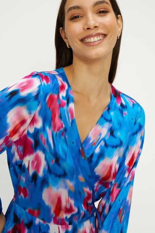 Painted Abstract Satin Wrap Midi Dress