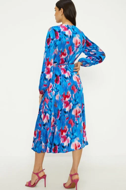 Painted Abstract Satin Wrap Midi Dress