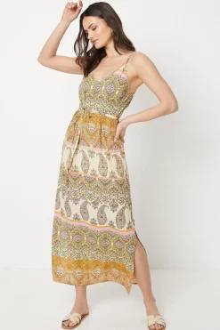 Paisley Patchwork Floral Printed Crinkle Strappy Belted Midi Dress
