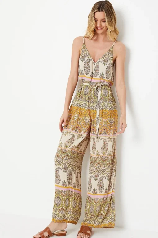 Paisley Patchwork Printed Crinkle Strappy Wide Leg Jumpsuit