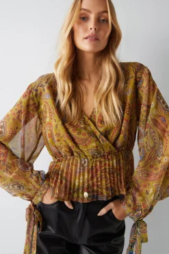 Paisley Print V Neck Pleat Hem Chiffon Blouse