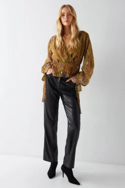 Paisley Print V Neck Pleat Hem Chiffon Blouse