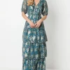 Paisley Ruffle Metallic Jacquard Tiered Midi Dress