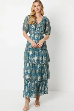 Paisley Ruffle Metallic Jacquard Tiered Midi Dress
