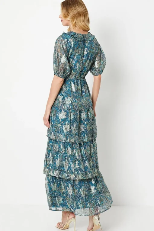 Paisley Ruffle Metallic Jacquard Tiered Midi Dress