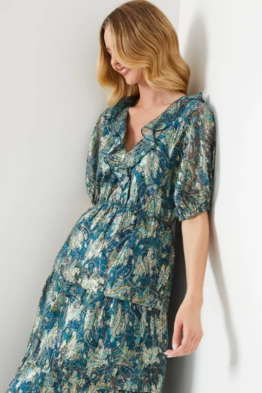 Paisley Ruffle Metallic Jacquard Tiered Midi Dress