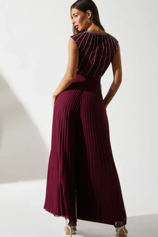 Party Diamante Chiffon Pleated Jumpsuit