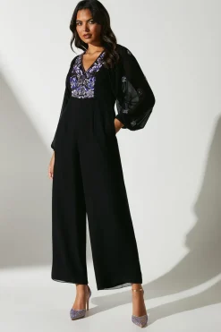 Party Embellished Long Sleeve Batwing Jumpsuit