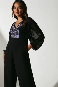 Party Embellished Long Sleeve Batwing Jumpsuit