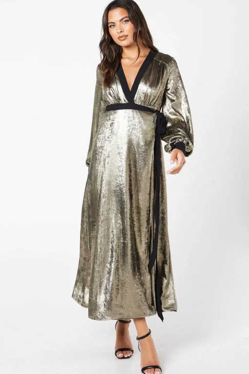 Party Metallic Long Sleeve Wrap Dress