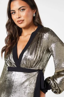Party Metallic Long Sleeve Wrap Dress