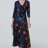 Peacock Print 3/4 Sleeve Wrap Maxi Dress