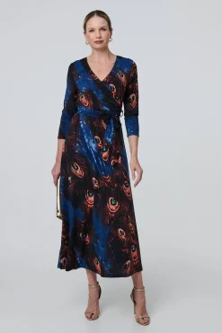 Peacock Print 3/4 Sleeve Wrap Maxi Dress