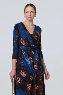 Peacock Print 3/4 Sleeve Wrap Maxi Dress