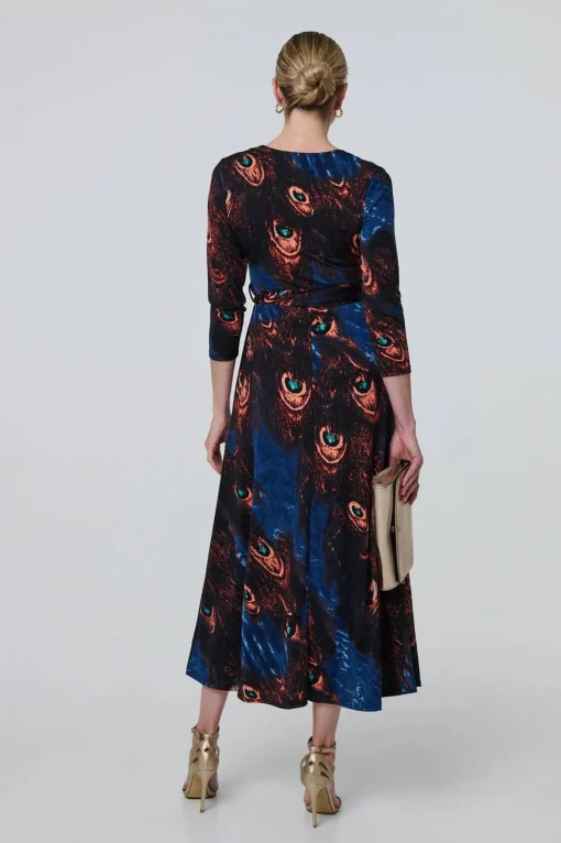 Peacock Print 3/4 Sleeve Wrap Maxi Dress