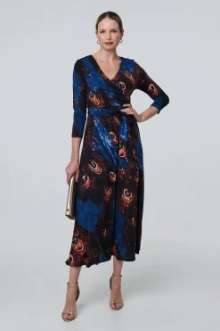 Peacock Print 3/4 Sleeve Wrap Maxi Dress