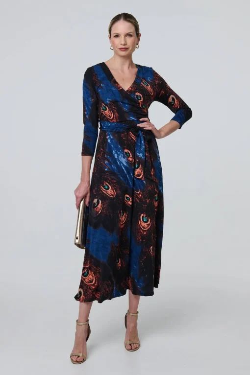Peacock Print 3/4 Sleeve Wrap Maxi Dress