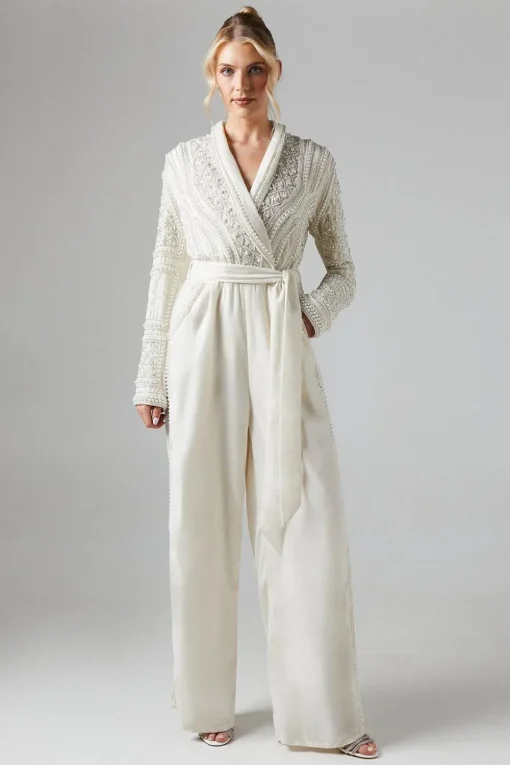 Pearl Embellished Bodice Velvet Bridal Jumpsuit
