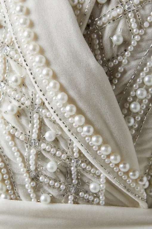 Pearl Embellished Bodice Velvet Bridal Jumpsuit