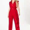 Petite Belted Tuxedo Jumpsuit With Waterfall Ruffle