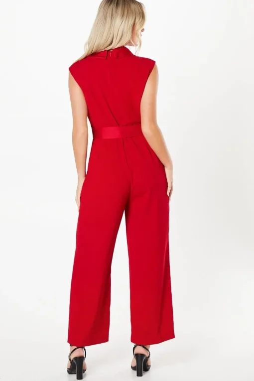 Petite Belted Tuxedo Jumpsuit With Waterfall Ruffle