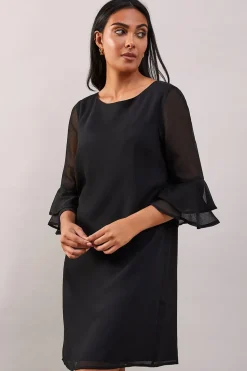 Petite Black Flute Sleeve Shift Dress
