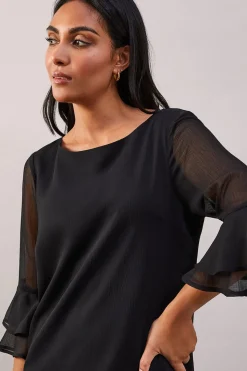 Petite Black Flute Sleeve Shift Dress