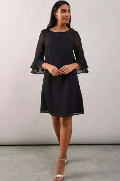 Petite Black Flute Sleeve Shift Dress