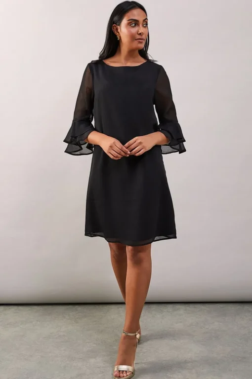Petite Black Flute Sleeve Shift Dress