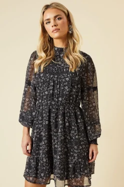 Petite Black Paisley Floral Chiffon Pleated Yoke Mini Dress