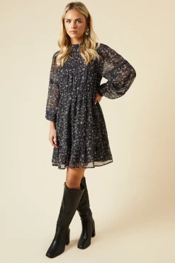 Petite Black Paisley Floral Chiffon Pleated Yoke Mini Dress