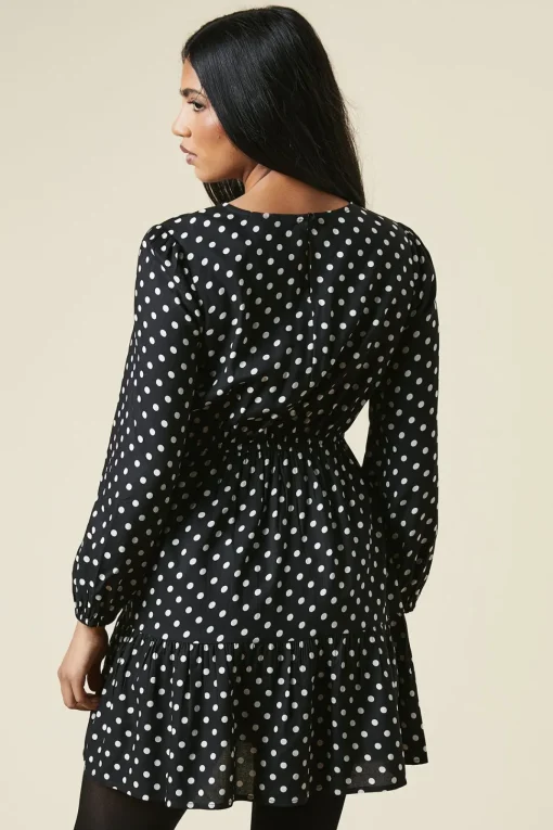 Petite Black Spot Tiered Hem Mini Dress