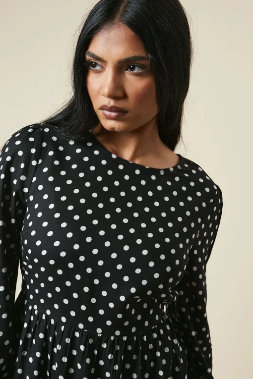 Petite Black Spot Tiered Hem Mini Dress