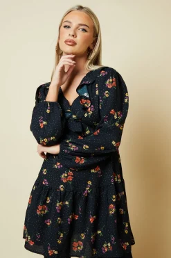 Petite Blue Ditsy Floral Tiered Hem Frill Wrap Mini Dress